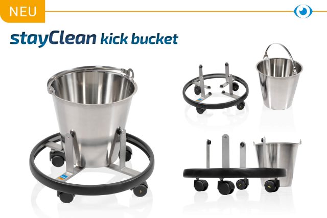 NEU. stayClean kick bucket. Verschiedene Bilder eines Abwurfgestells mit Eimer.