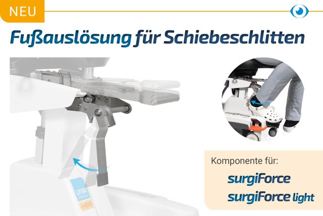 Neu: Fußauslösung für Schiebeschlitten. Bild einer Fußauslösung an einem Operateurstuhl (Ausschnitt)